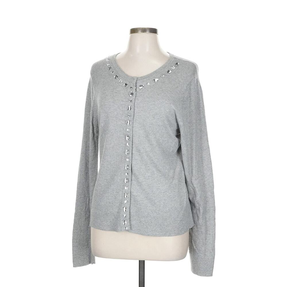 Garnet Hill Crystal Embellished Cardigan Gray Cotton Cashmere Knit Sweater Large